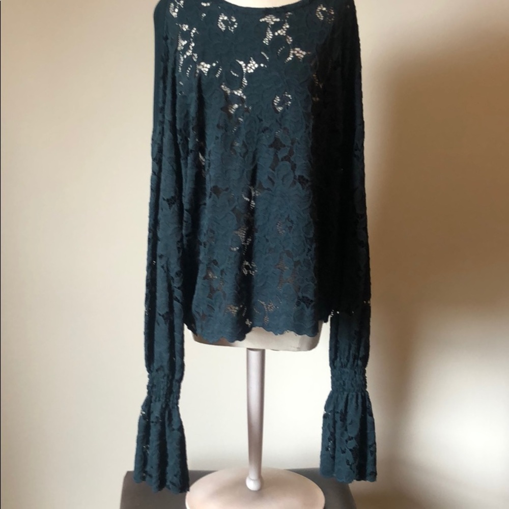 Pointelle Green Lace Long Sleeve Blouse